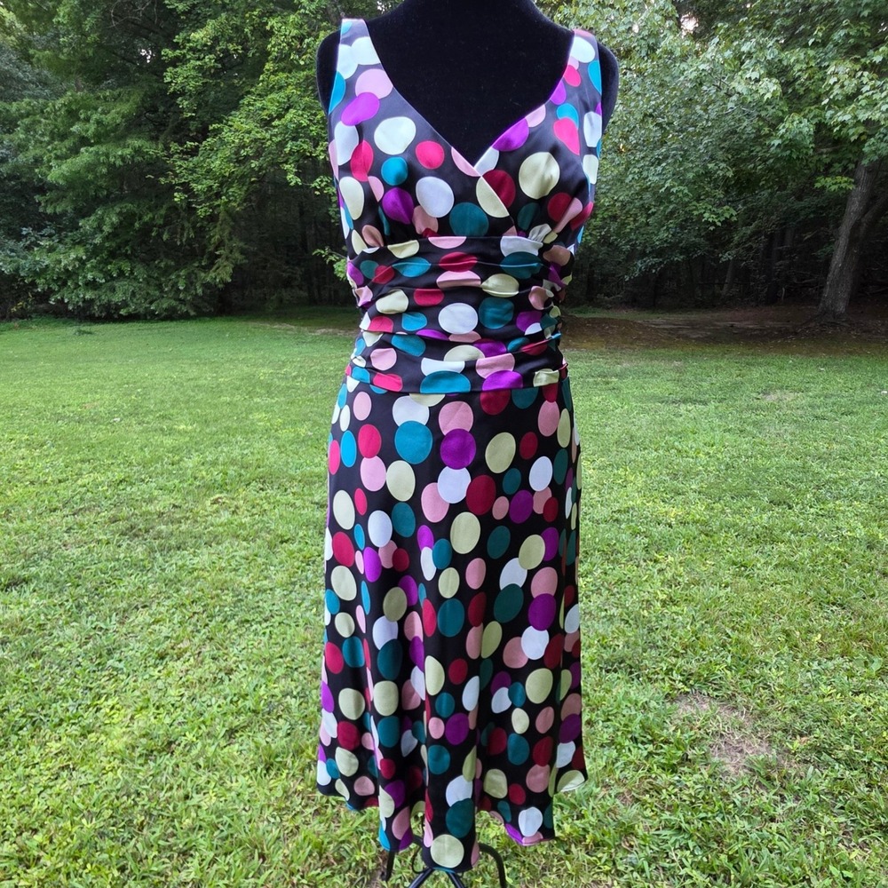 MICA Women's 4 Vintage Y2K Black Silk Polka Dot Ruched Midi Cocktail Dress